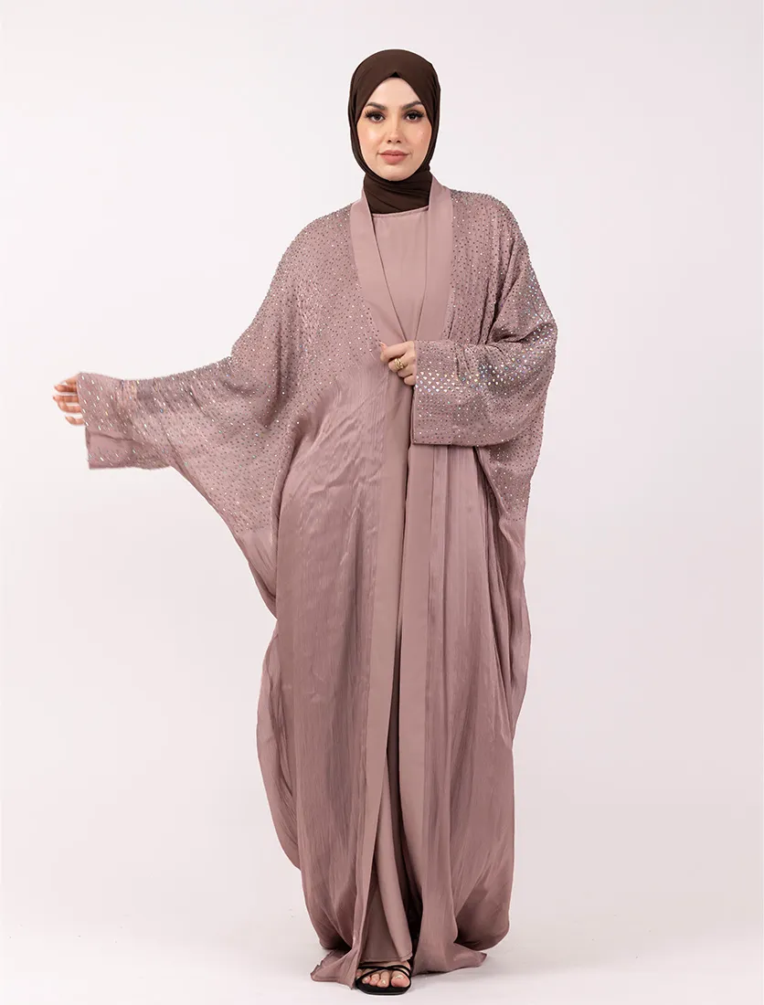Pink Sparkle Crystal Embellished Sheer Overlay Abaya